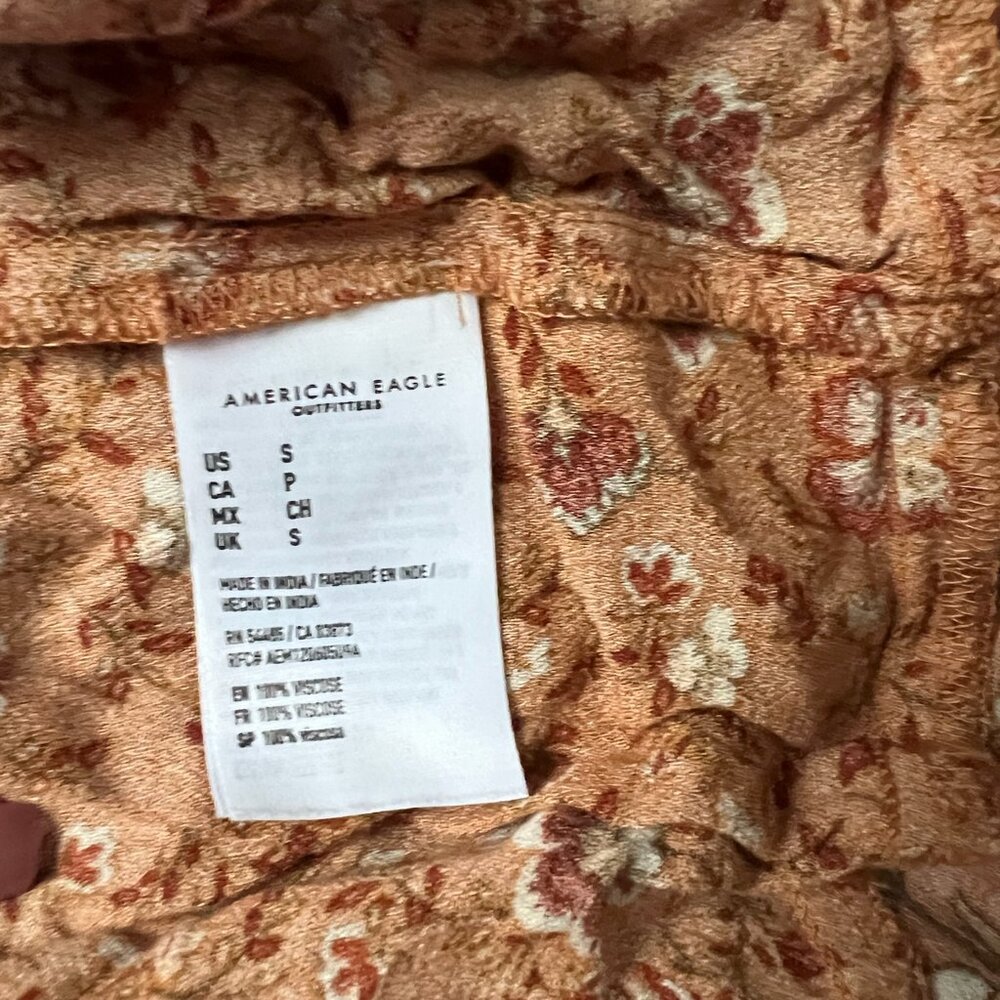 American Eagle Bohemian Flowy Fit Long Puffy Sleeve Floral Mini Dress Orange S - Picture 4 of 6